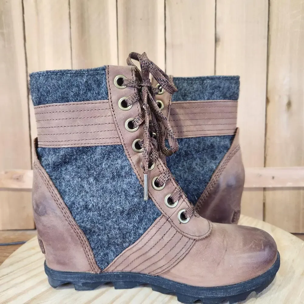 Sorel Lexie Wedge Boots Womens 7 Brown Leather Felt Lace Up Bootie Ankle Winter